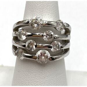 Ring 6.5 Silver Tone Clear Rhinestones Modernist Abstract Fashion